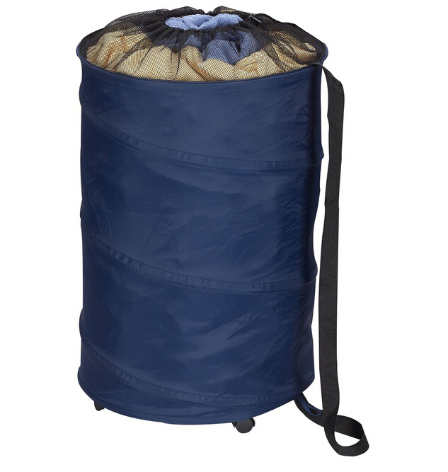 Spiral Pop Up Blue Polyester Laundry Hamper with Wheels and Drawstring Closure