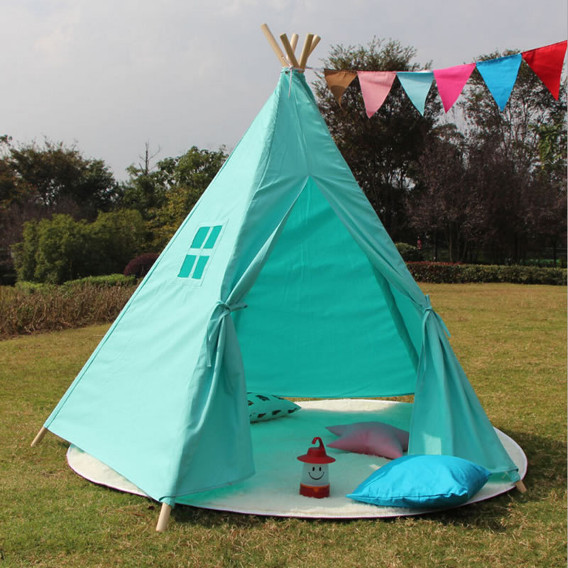 Indoor Canvas Cotton Kids Tent Indian Teepee with 5 Wooden Poles
