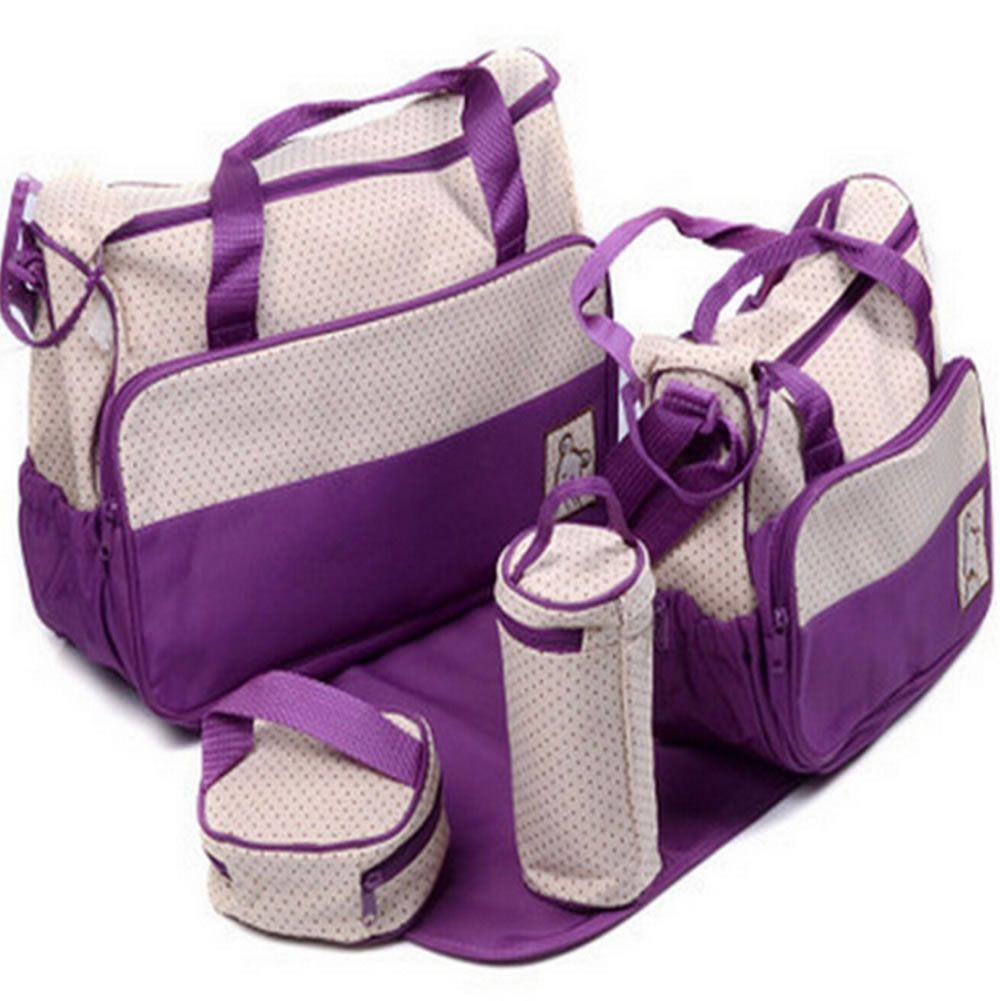 5 pieces Set Baby Nappy Bag Mummy Handbag With Milk Bottle holder 